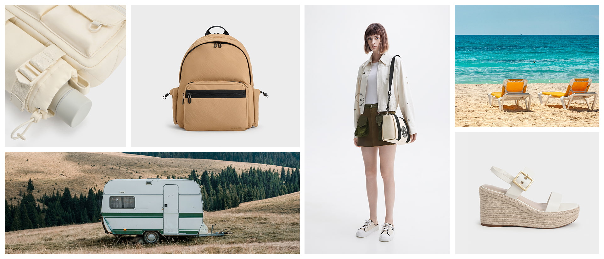 Women’s Soleil nylon multi-pocket crossbody bag in cream, Soleil nylon backpack in camel, Kay canvas slip-on sneakers in multi, buckled espadrille wedges in white - CHARLES & KEITH