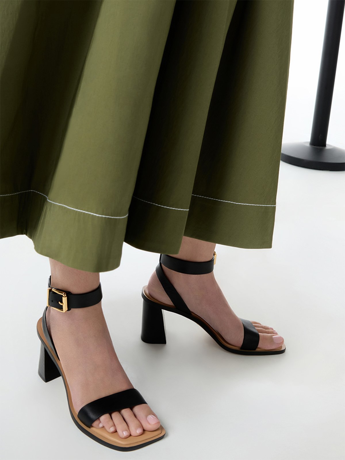 Black Leather Block-Heel Ankle-Strap Sandals