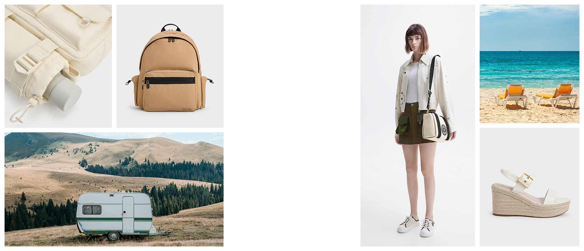 Women’s Soleil nylon multi-pocket crossbody bag in cream, Soleil nylon backpack in camel, Kay canvas slip-on sneakers in multi, buckled espadrille wedges in white - CHARLES & KEITH