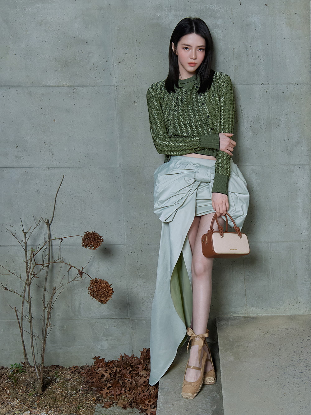 Women’s Sammie canvas knotted-handle elongated bag and Bernadine faux suede tie-around espadrille flats, as seen on Han So Hee - CHARLES & KEITH