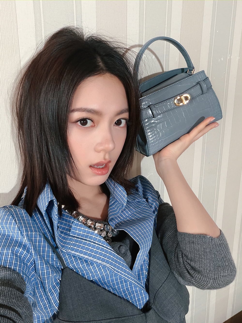 Aubrielle Croc-Effect Belted Top Handle Bag in smoke blue - CHARLES & KEITH