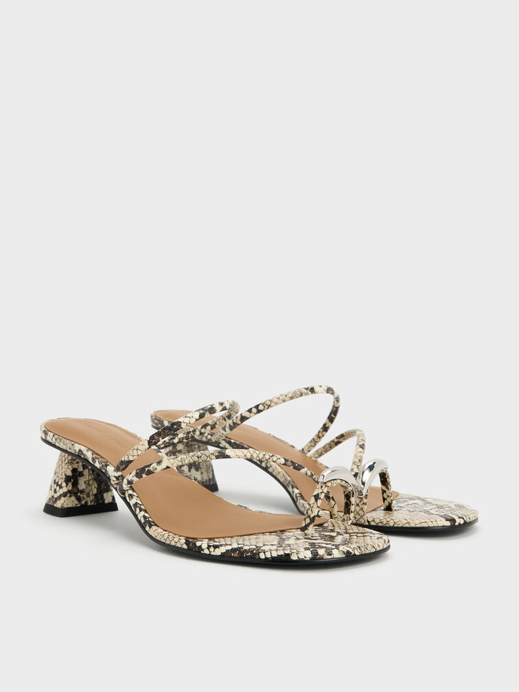 Toe-ring strappy block-heel sandals with a snake print finish.