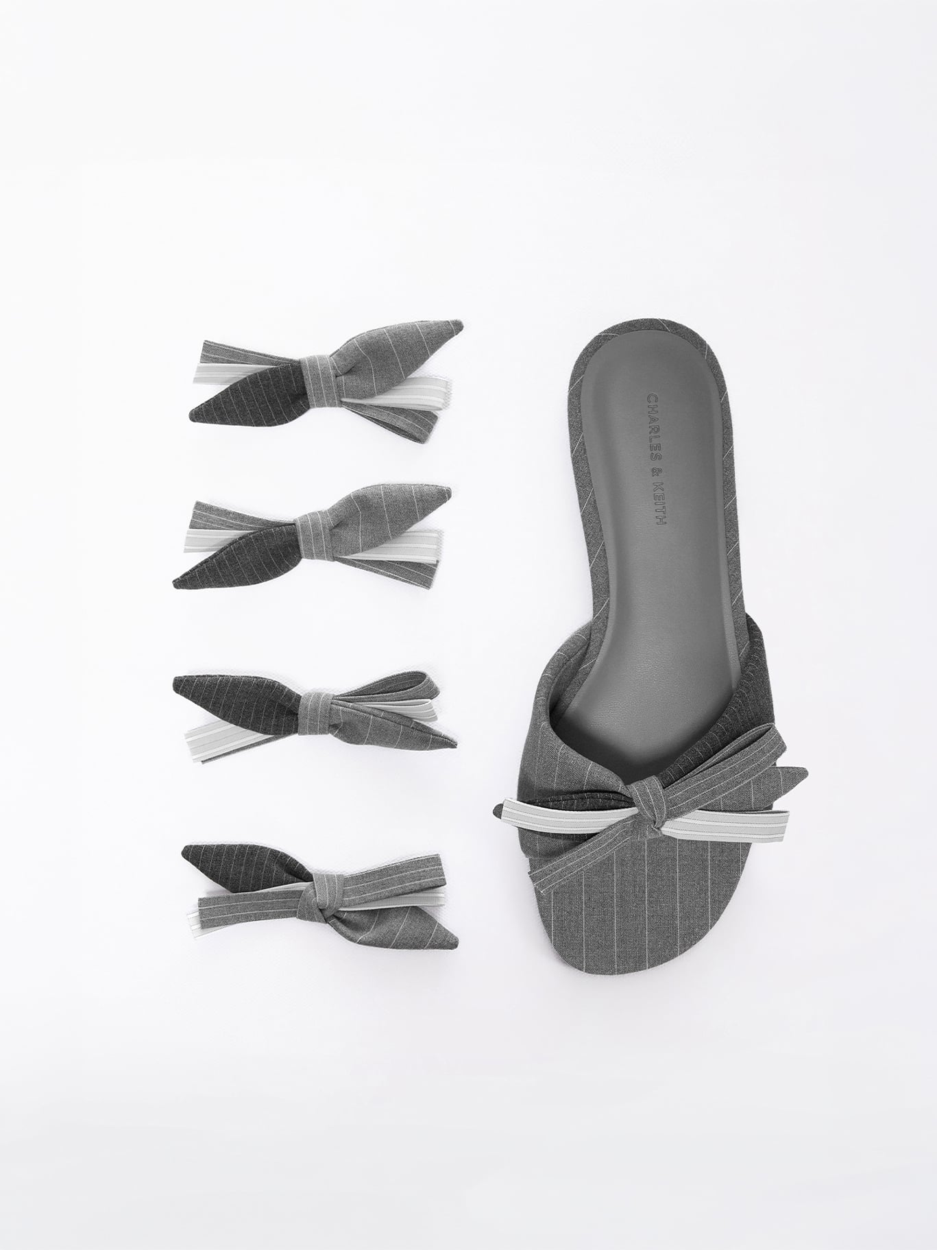Grey Striped Bow Slide Sandals -  CHARLES & KEITH