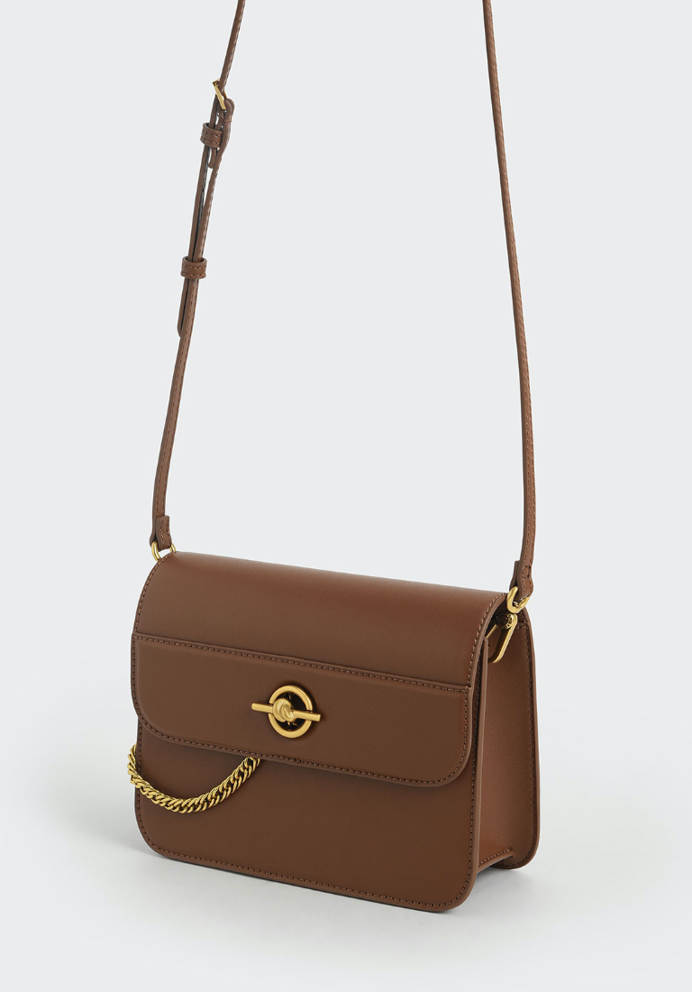 Women’s metallic accent chain handle bag in chocolate - CHARLES & KEITH