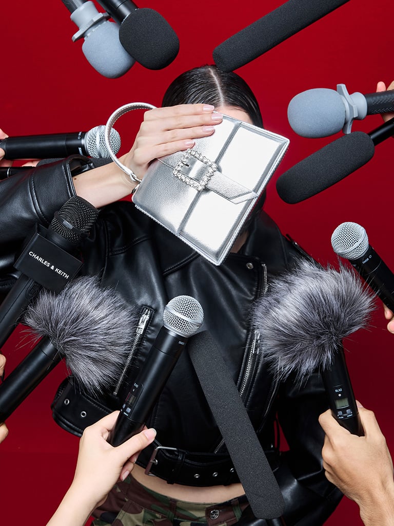 Metallic Crystal-Buckle Belted Top Handle Bag in silver — CHARLES & KEITH