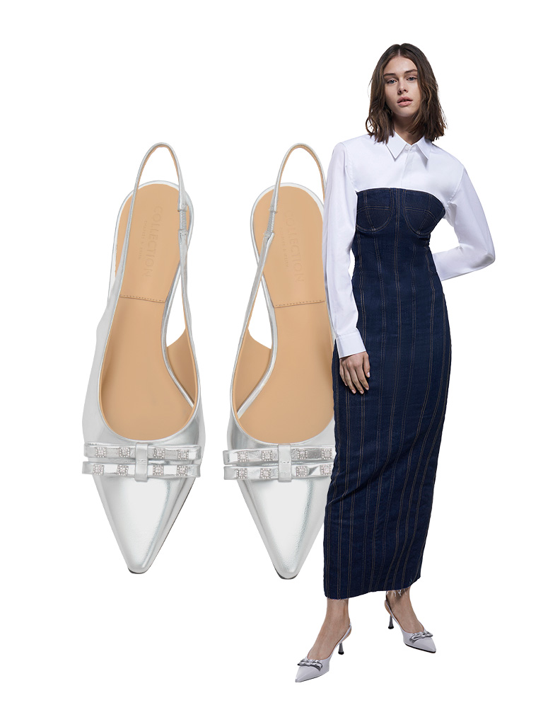Women’s bow crystal-embellished leather slingback pumps in silver - CHARLES & KEITH