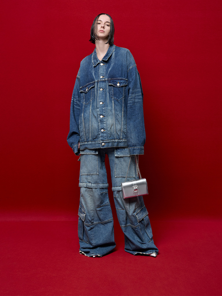 Metallic Crystal-Buckle Belted Chain-Handle Bag in silver and Metallic Crystal-Buckle Pointed-Toe Kitten-Heel Mules in silver — CHARLES & KEITH