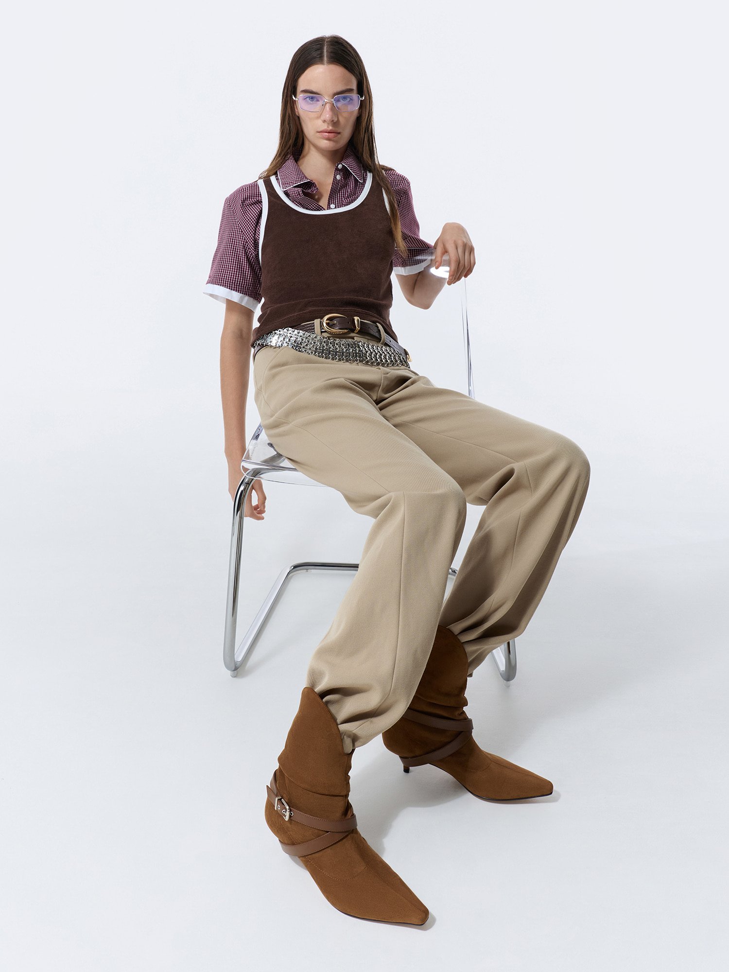 Dark Brown Darian Faux Suede Lace-Up Buckle-Strap Knee-High Boots - CHARLES & KEITH