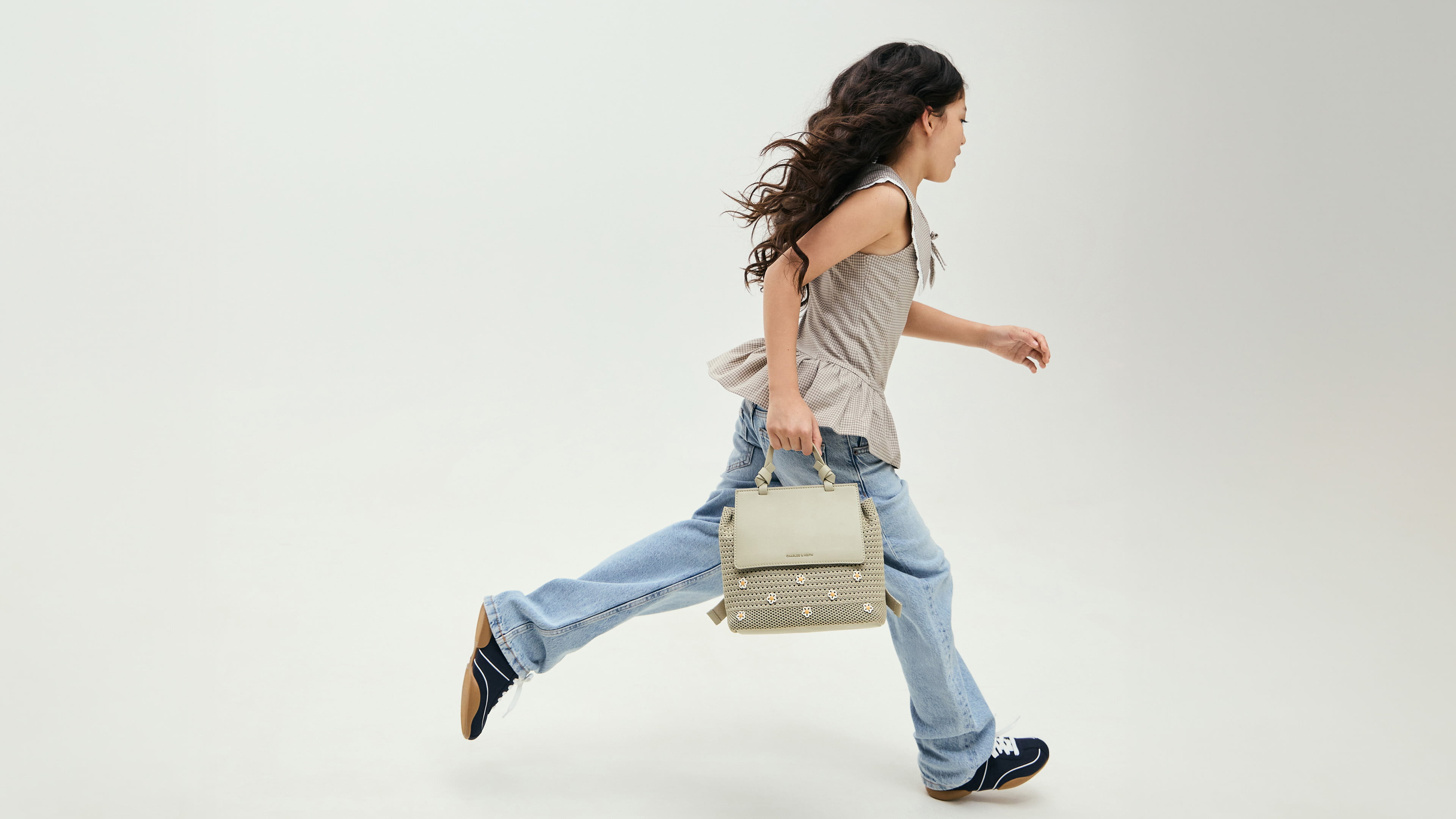 Girls’ Ida flower knitted backpack in pale olive  - CHARLES & KEITH