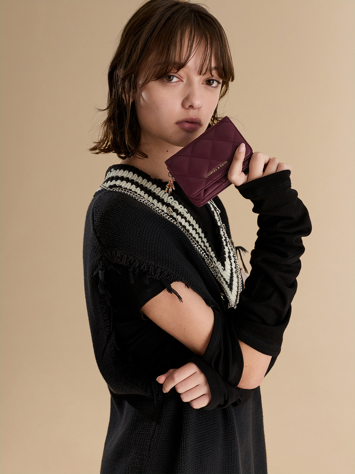 Cream Arrietty Quilted Bow-Heart Charm Belted Card Holder - CHARLES & KEITH