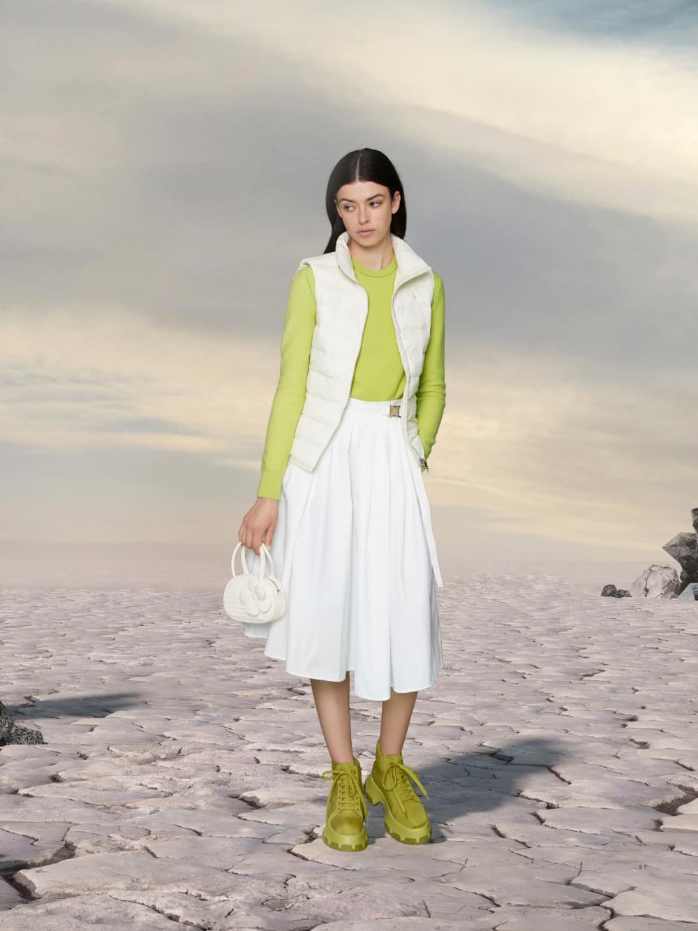 Women's lime recycled polyester high-top sneakers and white nylon textured top handle bag - CHARLES & KEITH