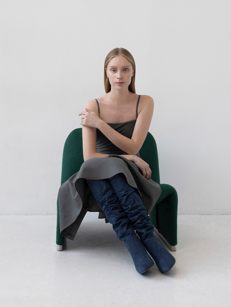 Women's Aster denim ruched knee-high boots in blue - CHARLES & KEITH