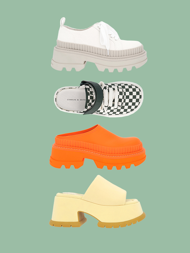 Women’s recycled polyester platform sandals, gingham print canvas lace-up sneaker mules, clog mules, and canvas low-top chunky sneakers - CHARLES & KEITH
