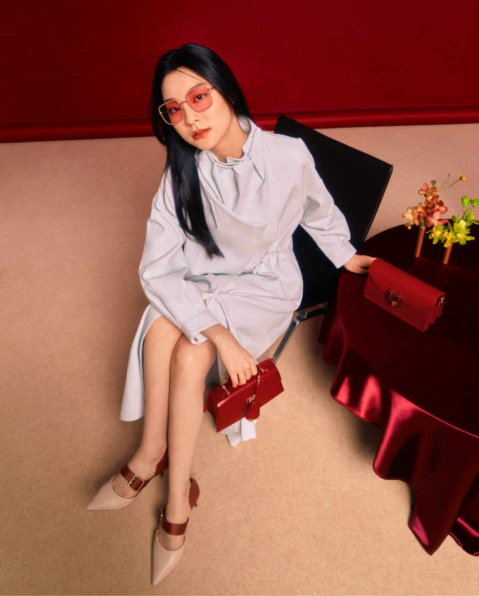 Women’s oversized buckle pointed toe pumps, trapeze top handle bag, stone-embellished envelope bag and scallop trim butterfly sunglasses – CHARLES & KEITH