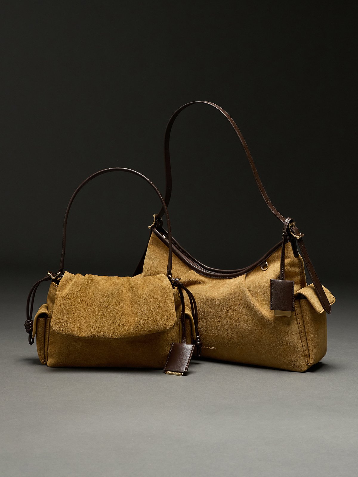 Sahara Sand Khai Recycled Suede Ruched-Flap Side-Pocket Top Handle Bag, Sahara Sand Khai Recycled Suede Side-Pocket Shoulder Bag - CHARLES & KEITH