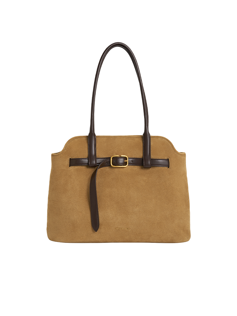 Victoria Recycled Suede Belted Trapeze Tote Bag - CHARLES & KEITH