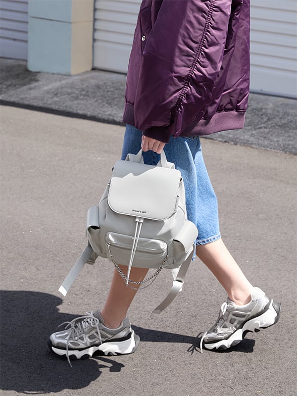 Light Grey Nylon Puffy Chain-Link Backpack - CHARLES & KEITH