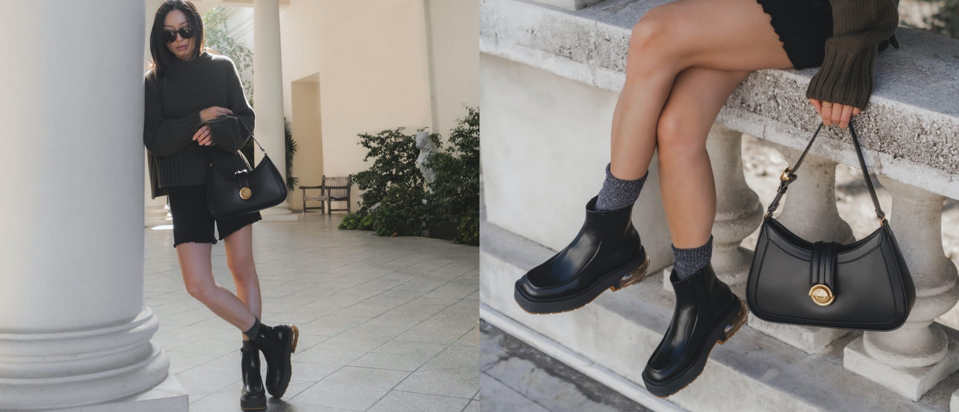 Women’s metallic accent hobo shoulder bag and Collette sculptural heel ankle boots in black - CHARLES & KEITH