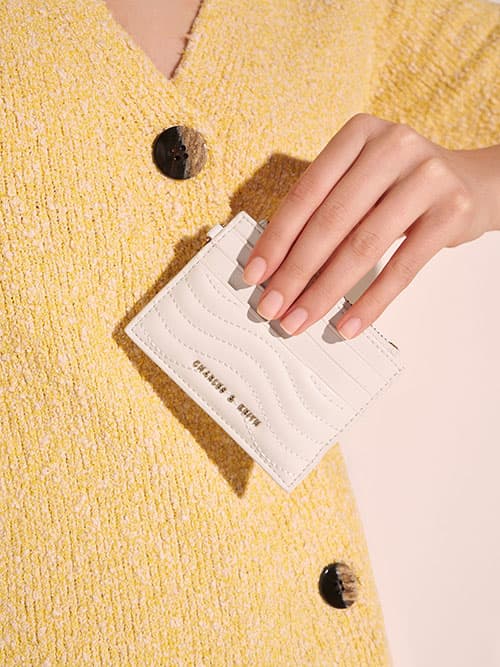 Aubrielle Stitch-Trim Zip Card Holder, Cream
