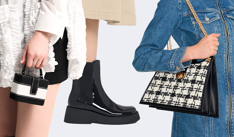 Women’s Mini Bronte Contrast Trim Top Handle Bag, Giselle Patent Chelsea Boots and Cressida Tweed Trapeze Chain Bag – CHARLES & KEITH