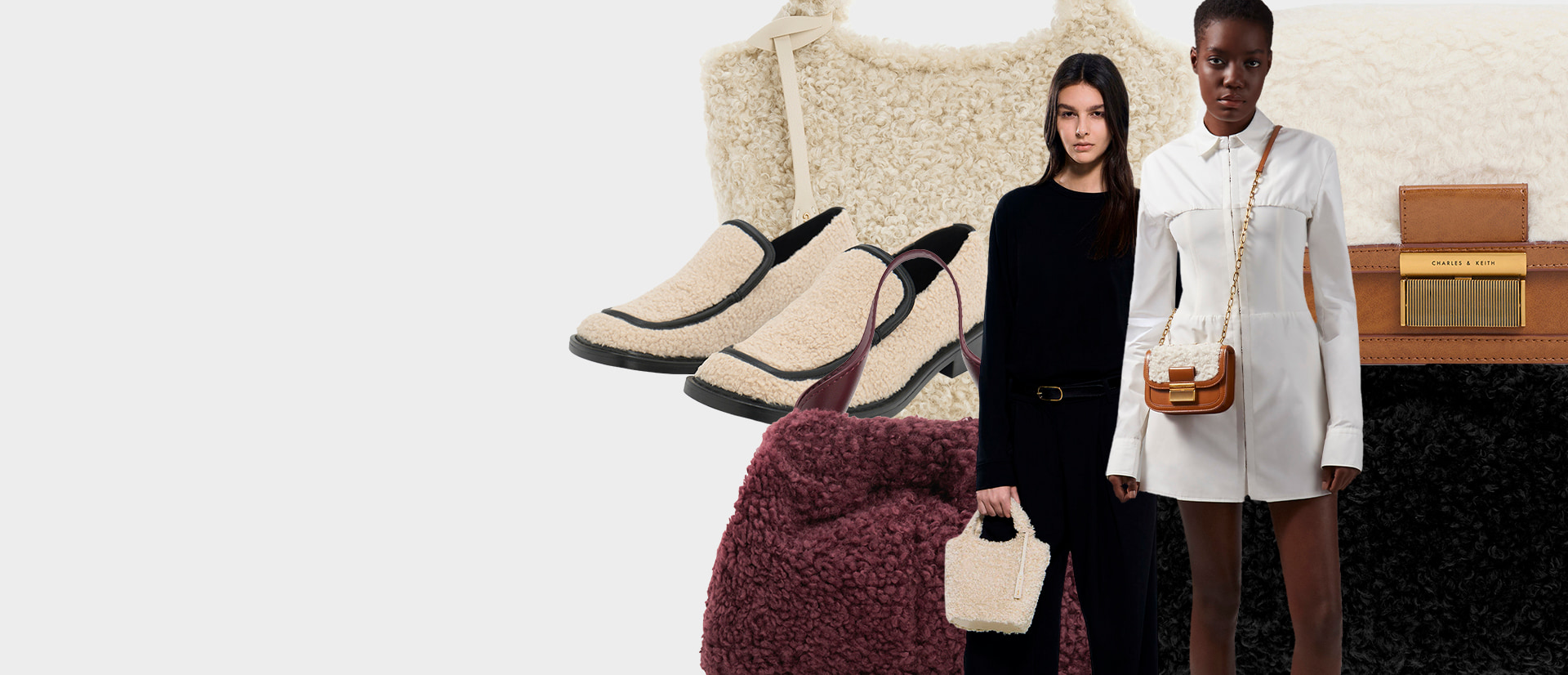 Women’s Rosalie furry leather loafers, Arlys furry tote bag, and Charlot furry chain strap bag - CHARLES & KEITH