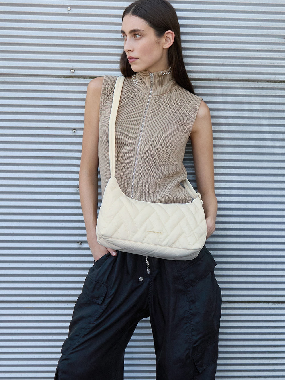 Women’s nylon chevron shoulder bag in cream - CHARLES & KEITH