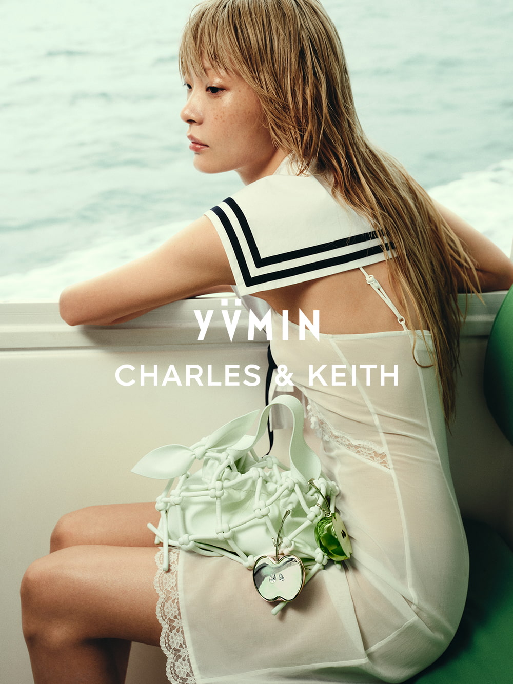 Women’s Ally ruched slouchy knotted bag in mint sorbet with metallic apple charm and green apple charm - YVMIN x CHARLES & KEITH