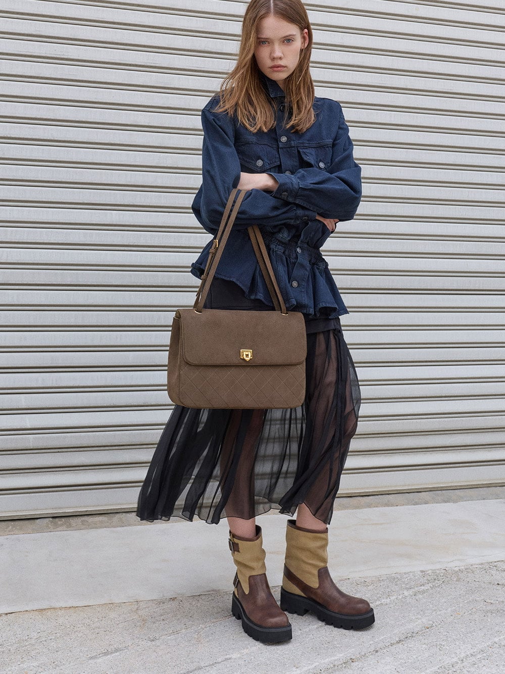 Connie Quilted Shoulder Bag in stone grey and Two-Tone Double-Buckle Ankle Boots in khaki - CHARLES & KEITH