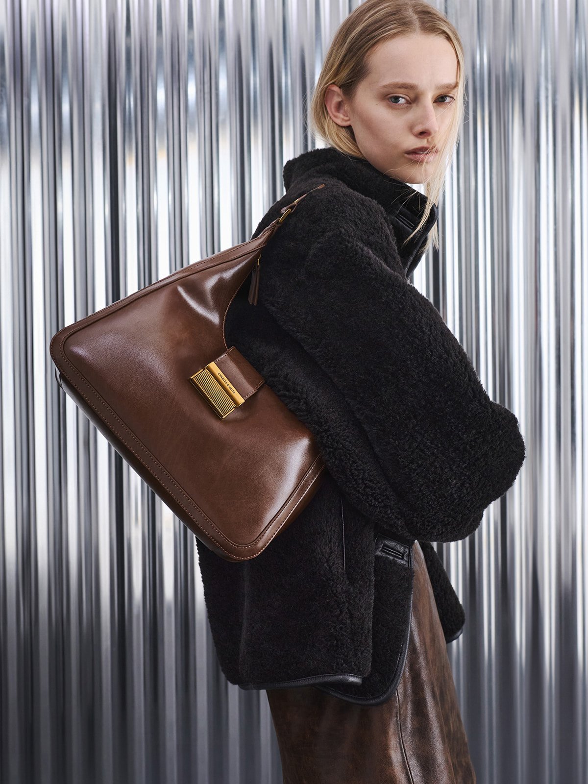 Espresso Brown Khai Recycled Suede Side-Pocket Shoulder Bag - CHARLES & KEITH
