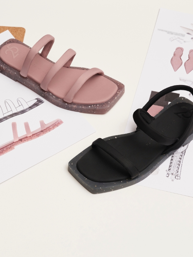 Arabella recycled nylon slide sandals in pink; Arabella recycled nylon slingback sandals in black - CHARLES & KEITH
