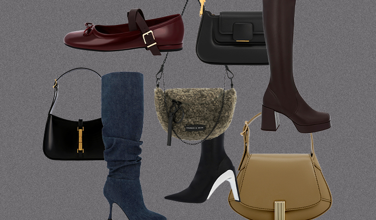 Women’s Koa Push-Lock Top Handle Bag, Cesia Metallic Accent Shoulder Bag, Metallic-Accent Curved Top Handle Bag, Philomena Furry Half-Moon Crossbody Bag, Aster Denim Ruched Knee-High Boots, Metallic Open-Toe Slingback Pumps and Delphine Recycled Polyester Platform Mules - CHARLES & KEITH