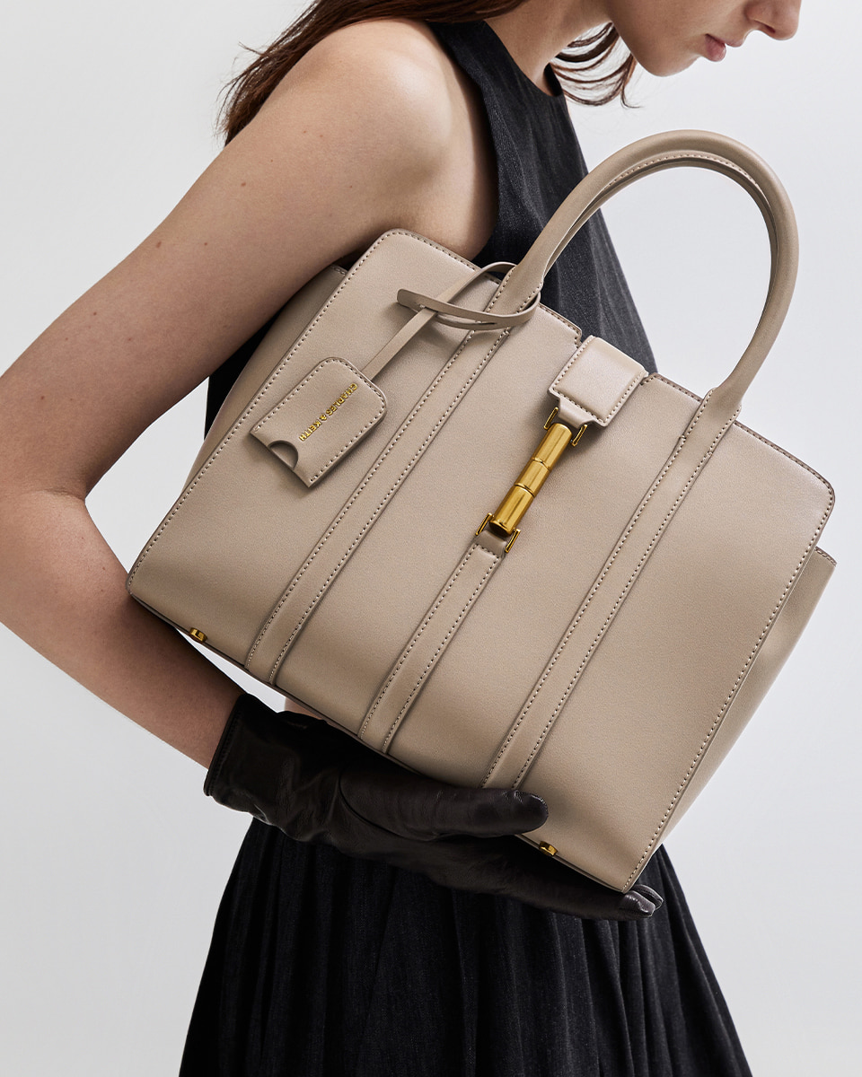 Women’s large Cesia metallic accent tote bag in taupe  - CHARLES & KEITH