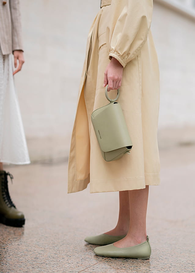 Women’s ruched ballerina flats and front flap crossbody bag in sage green – CHARLES & KEITH