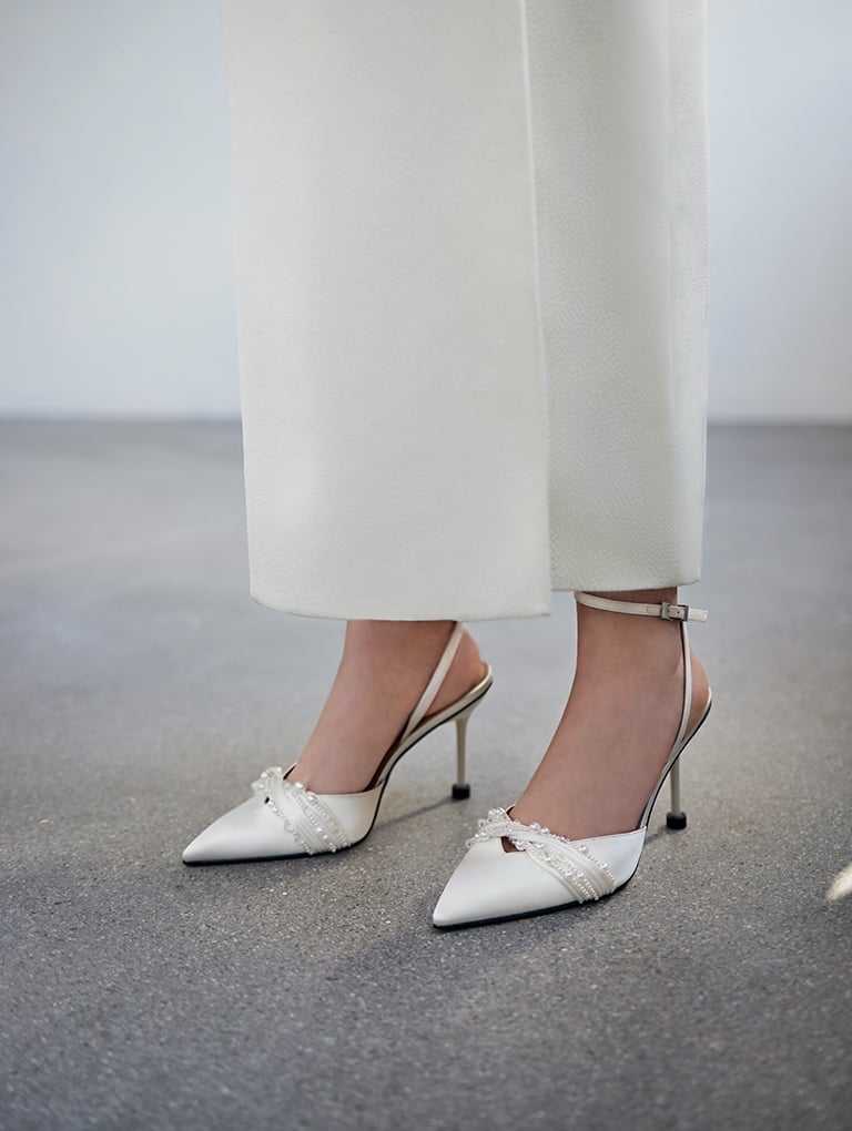 Women’s beaded satin ankle-strap pumps (close up) - CHARLES & KEITH