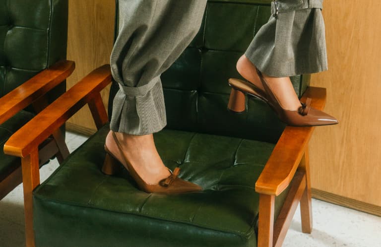 Women’s patent bow slingback pumps in cognac (close up) – CHARLES & KEITH