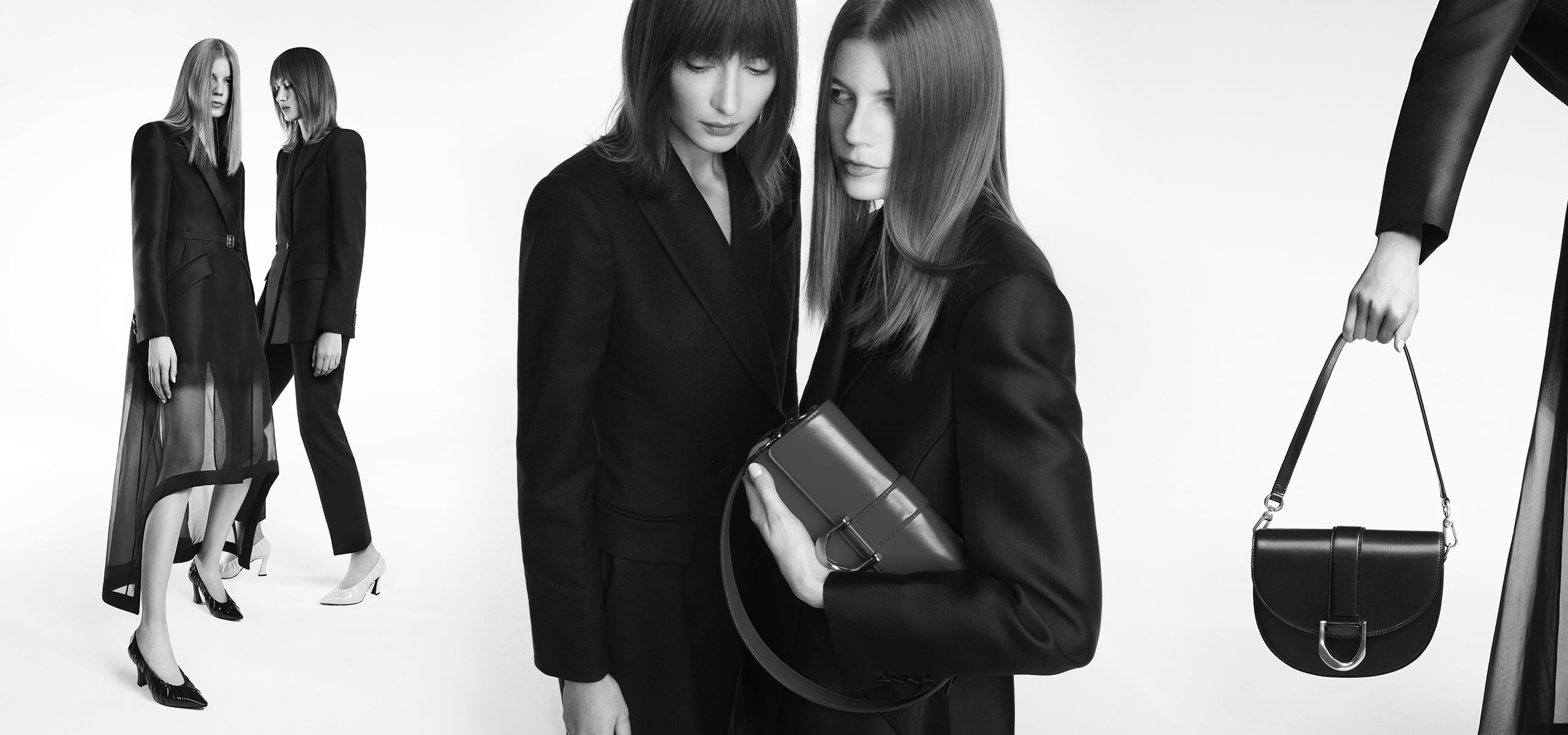 Women’s patent ruched V-cut pumps, metallic buckle shoulder bag and metallic buckle saddle bag – CHARLES & KEITH