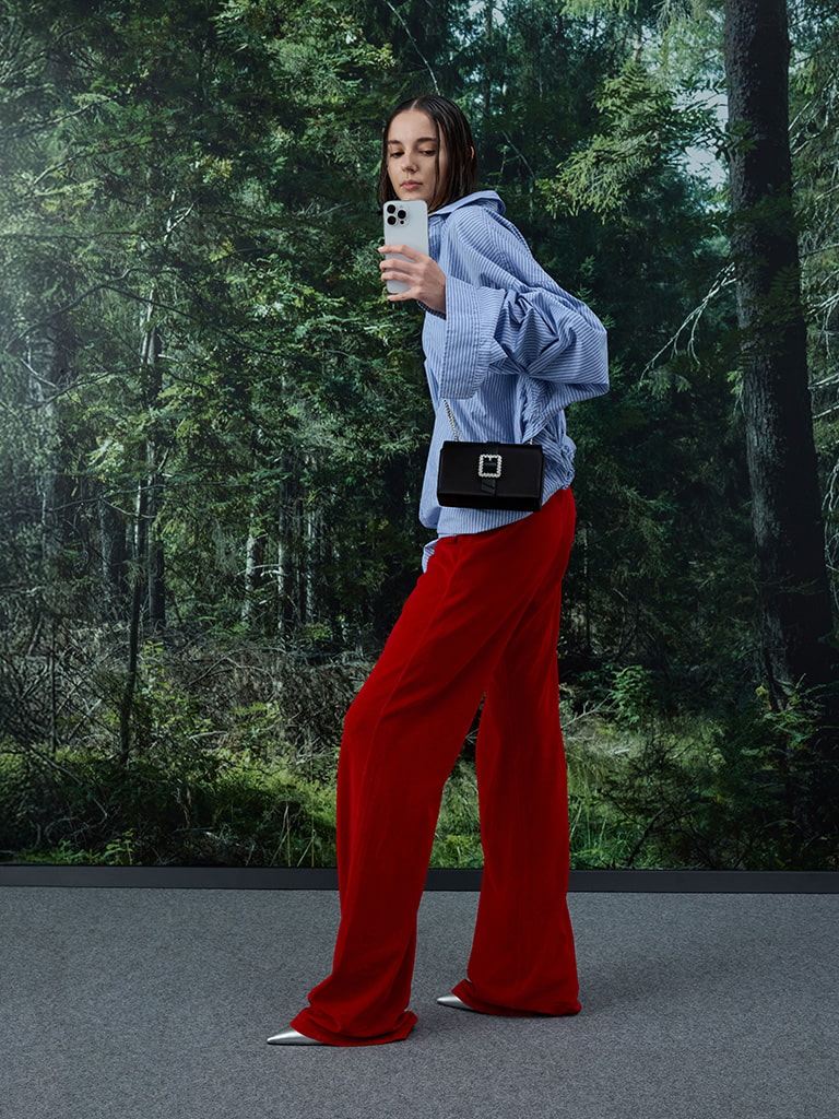 Satin Crystal-Buckle Belted Chain-Handle Bag in black — CHARLES & KEITH