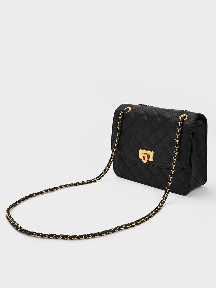 Black quilted clutch with gold chain strap, combining form and function for business events.