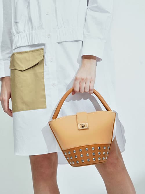 Studded Bucket Bag, Nude