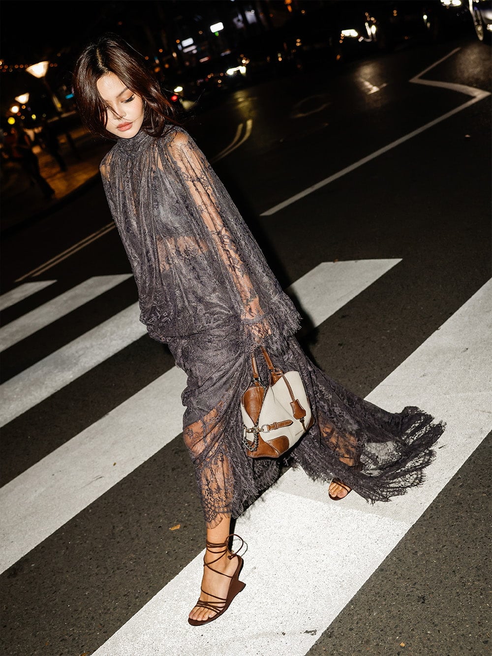 Delfina Canvas Chain Side-Belt Tote Bag and Noona Strappy Wedges in dark brown - CHARLES & KEITH