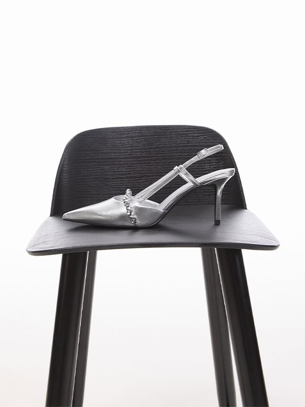 Silver Metallic Crystal Slingback Pumps -  CHARLES & KEITH