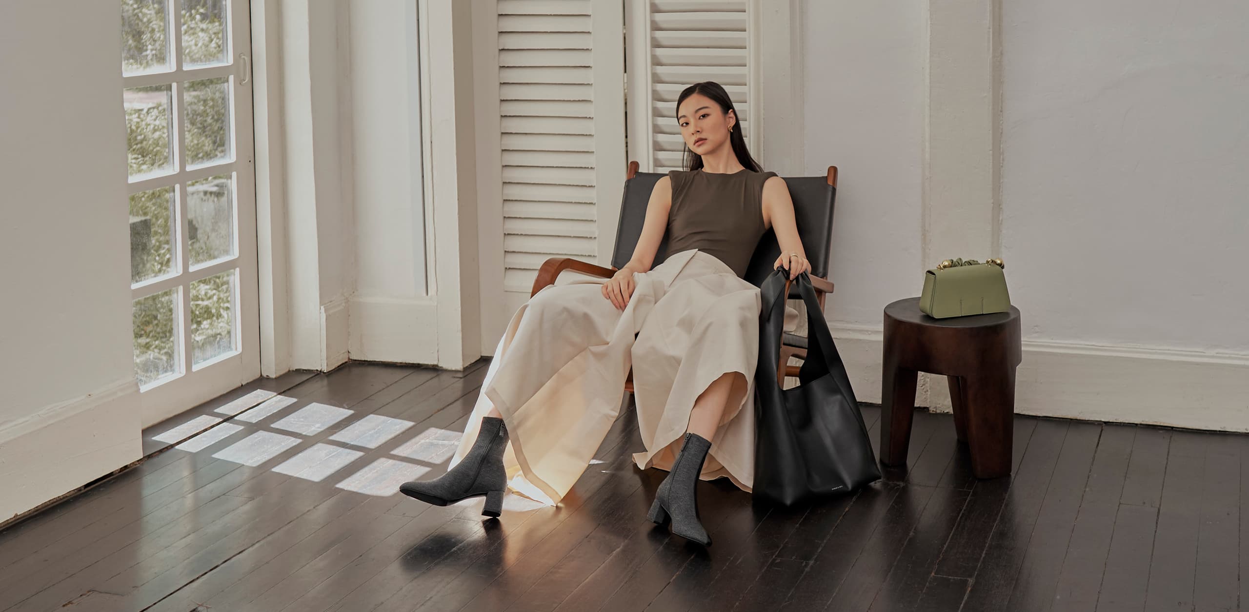 Women’s two-tone block heel ankle boots, knotted handle hobo bag and ruched handle sculptural bag – CHARLES & KEITH