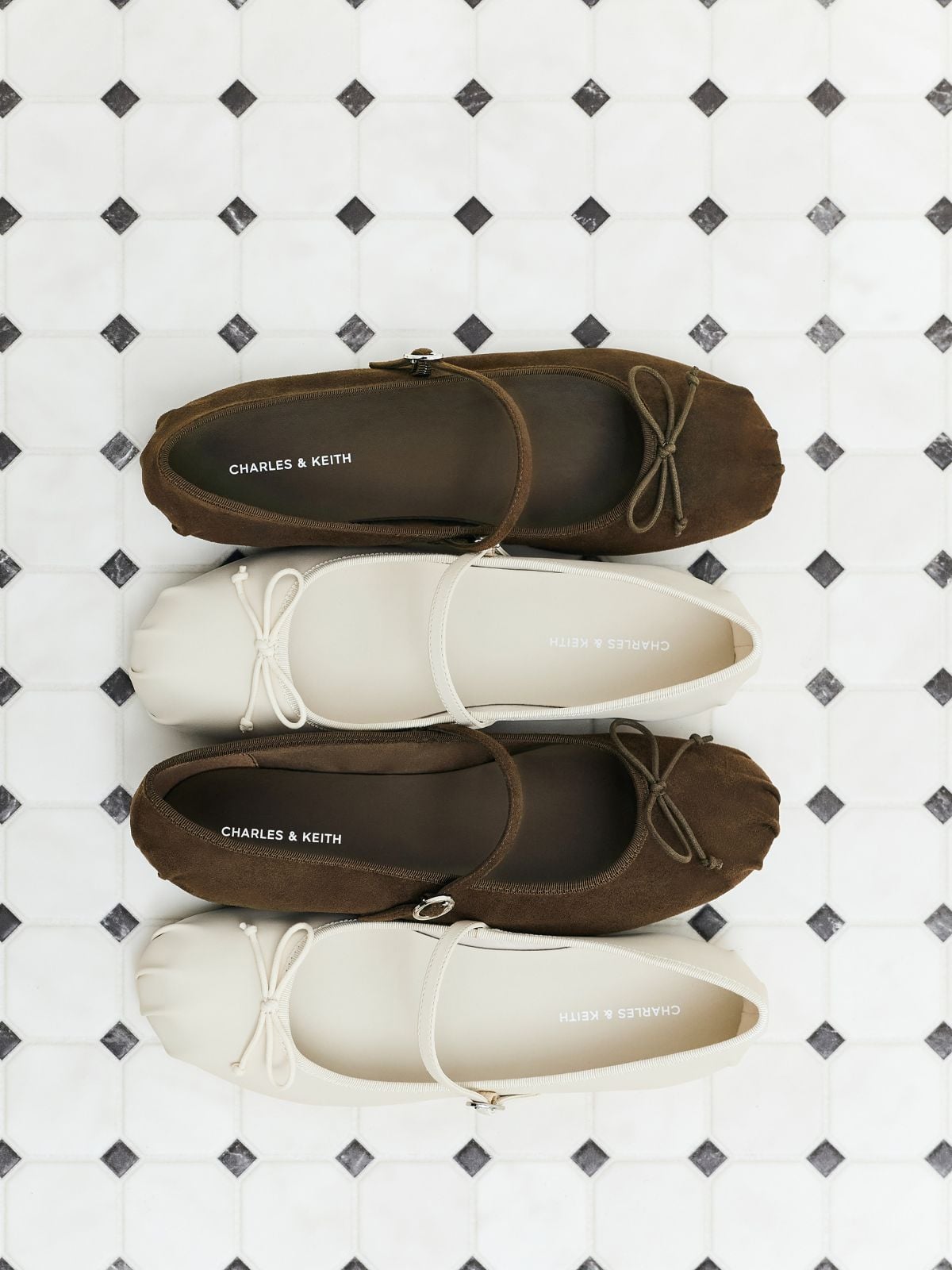 Dark Brown Textured Emiko Faux Suede Bow Mary Jane Flats,Chalk Emiko Bow Mary Jane Flats  - CHARLES & KEITH