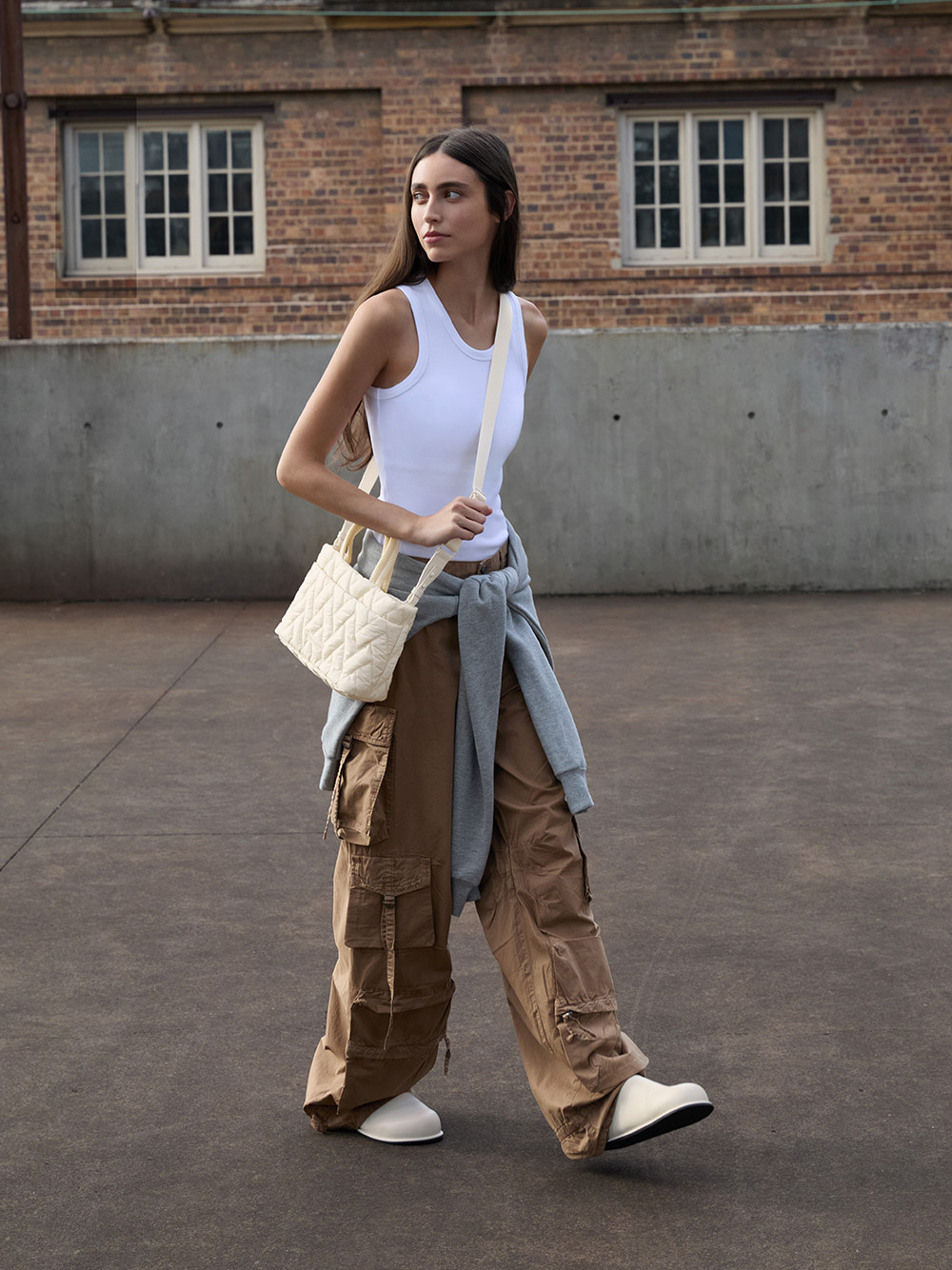 Women’s nylon chevron boxy tote bag in cream and flatform mules in chalk - CHARLES & KEITH