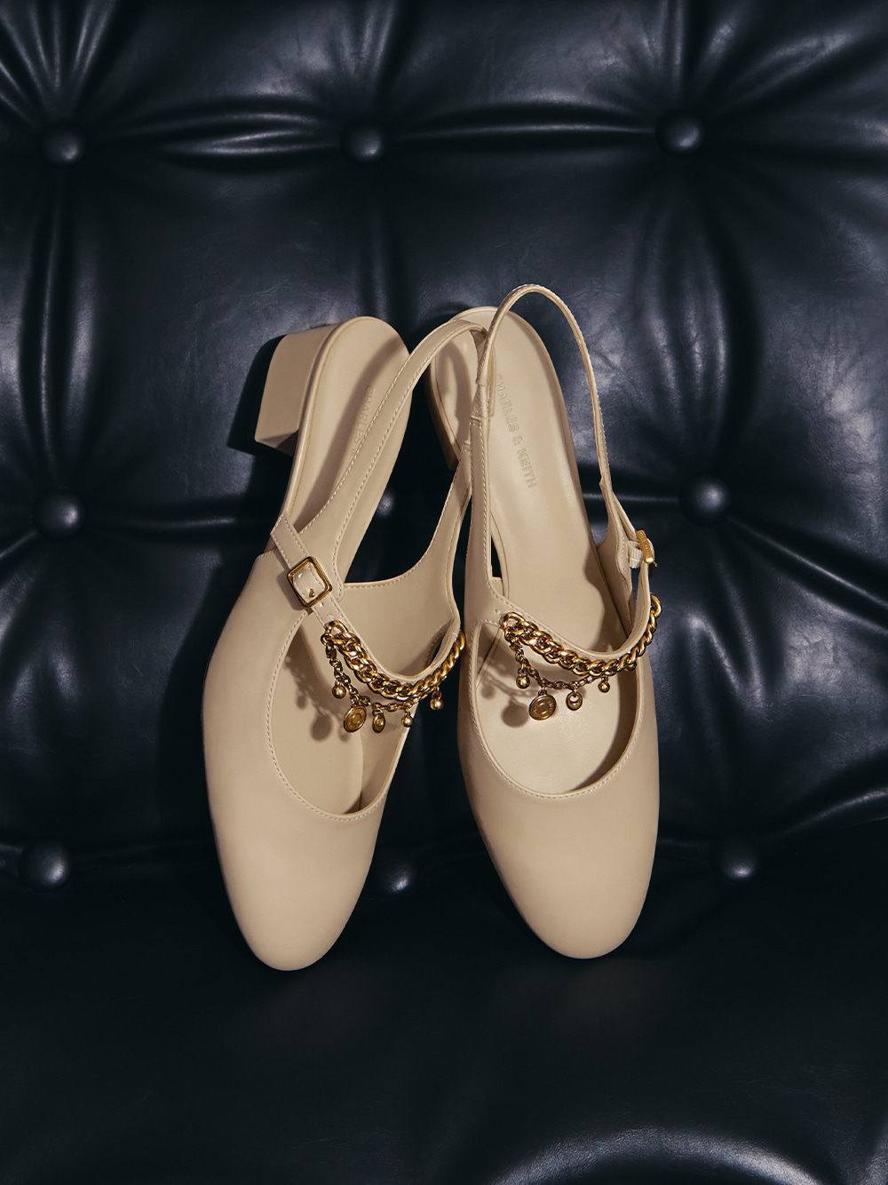 Double-Chain Charm Mary Jane Slingback Pumps in chalk - CHARLES & KEITH