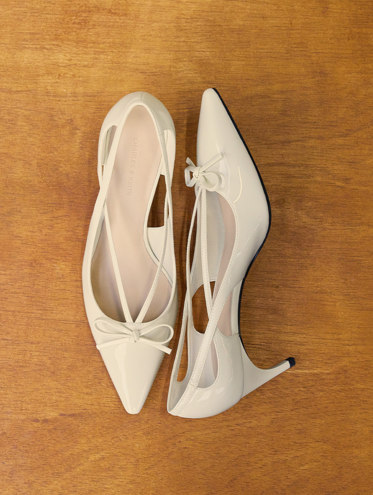 Women’s patent cut-out bow kitten-heel pumps in chalk – CHARLES & KEITH