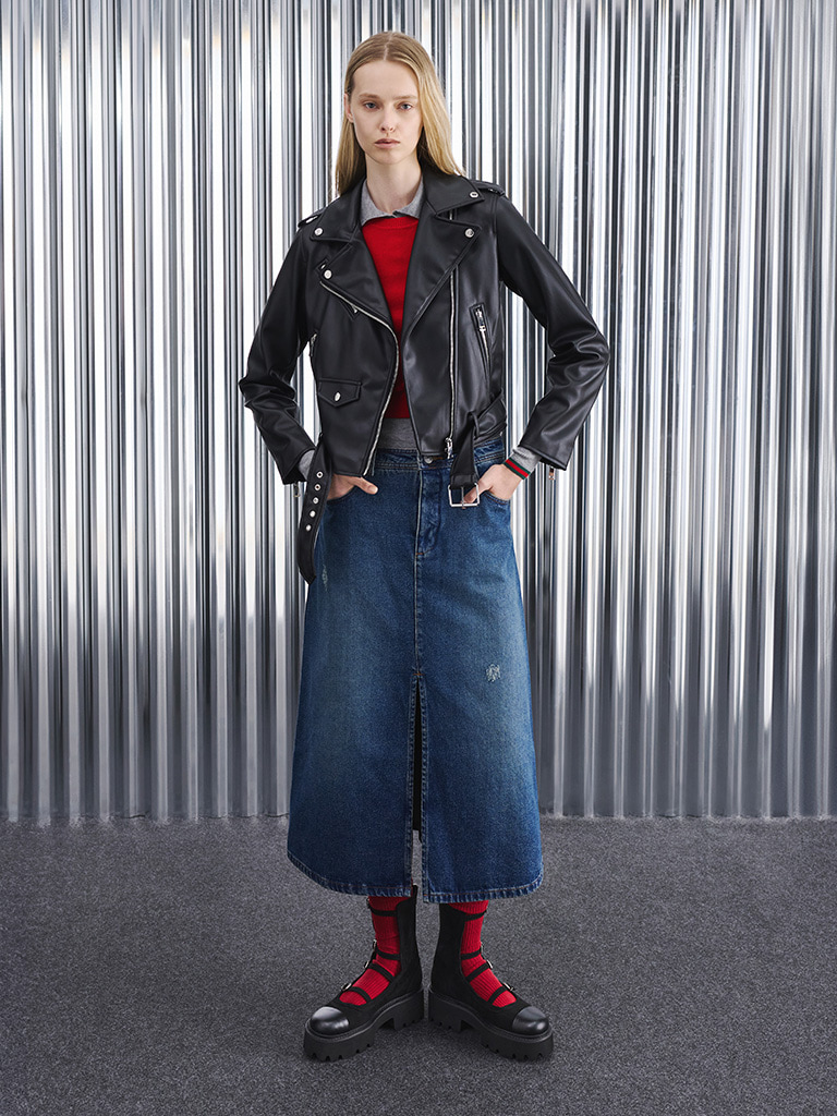 Women's Celia Faux Suede Buckled Multi-Strap Chunky Calf Boots in black textured — CHARLES & KEITH