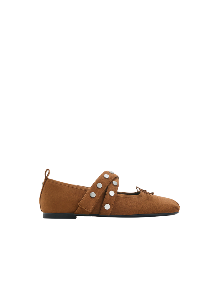 Gael Faux Suede Studded Crossover-Strap Bow Mary Janes - CHARLES & KEITH
