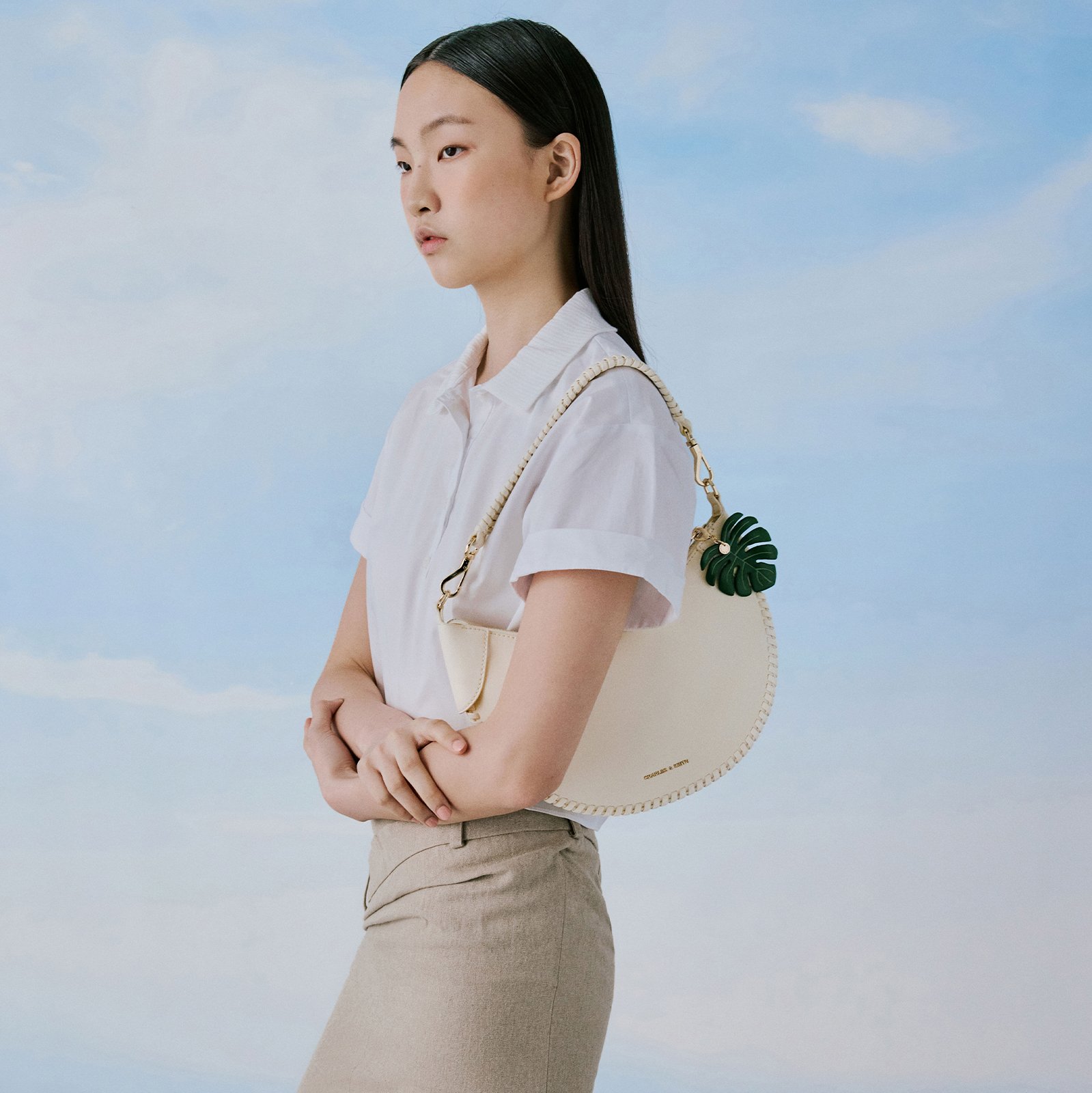 Cream Blume Braided Curved Hobo Bag - CHARLES & KEITH