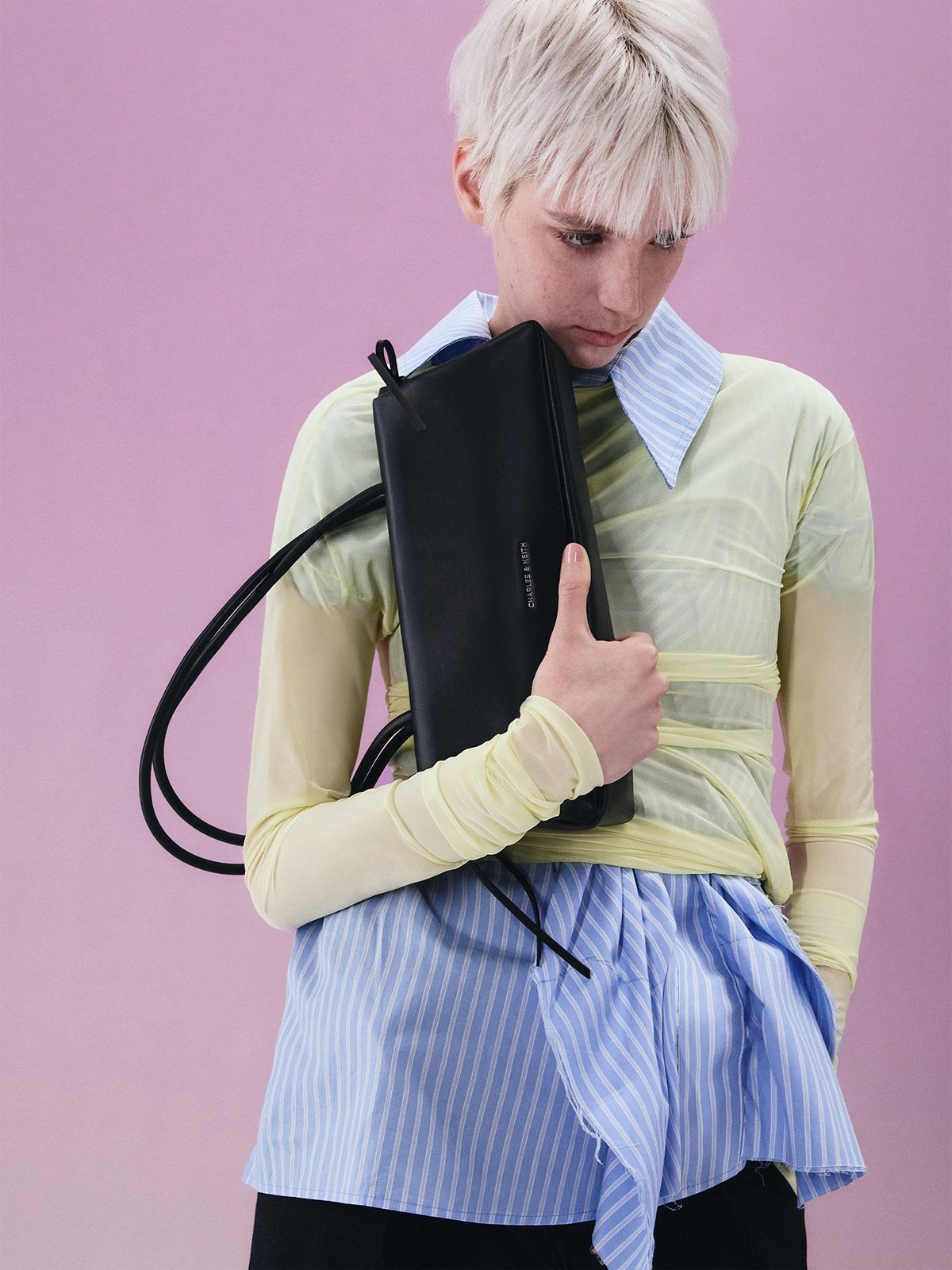 Noir Hazel Bow Elongated Trapeze Shoulder Bag -  CHARLES & KEITH